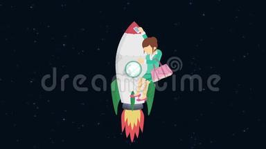 快乐的女商人乘火箭穿越太空。创业、飞跃、创业理念。循环动画样式
